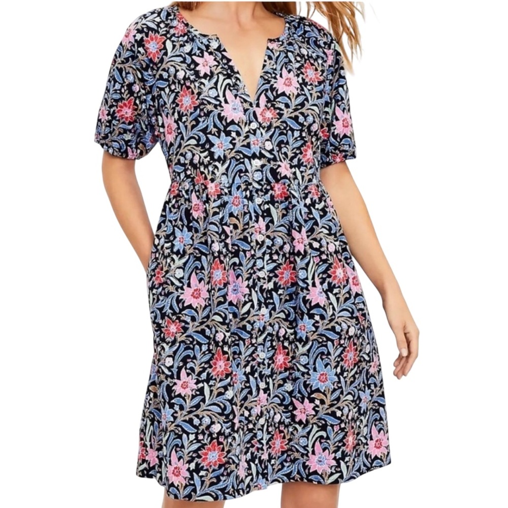 Loft Floral Boom Swing Dress V-Neck Button Down With Pockets Size Large